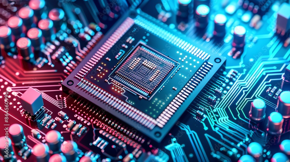 Close-up of CPU Chip on Circuit Board with Neon Lights. Concept of Technology, Computing Power, and Innovation Close-up of CPU Chip on Circuit Board with Neon Lights. Concept of Technology, Computing Power, and Innovation