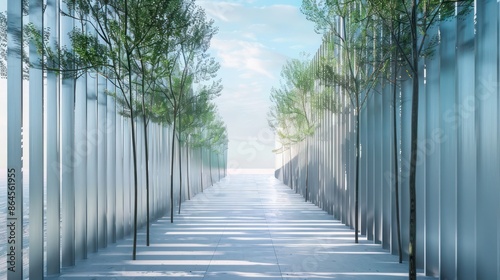 minimalist yet striking depiction of a pedestrian pathway, its sides clad in vertical strips of aluminum siding