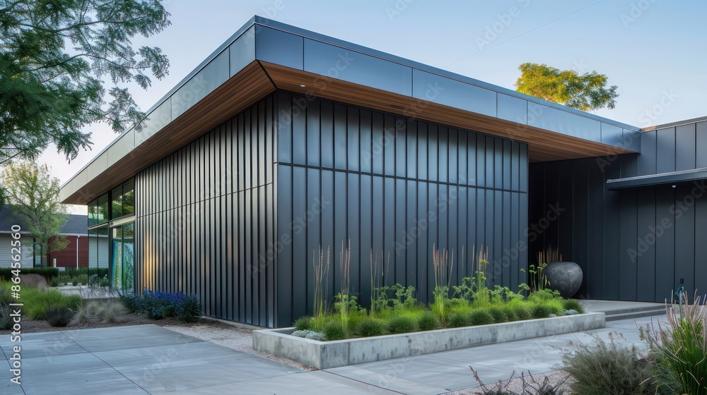 modern art gallery exterior clad in matte black aluminum siding, focusing on its sleek, contemporary look and appeal modern art gallery exterior clad in matte black aluminum siding, focusing on its sleek, contemporary look and appeal