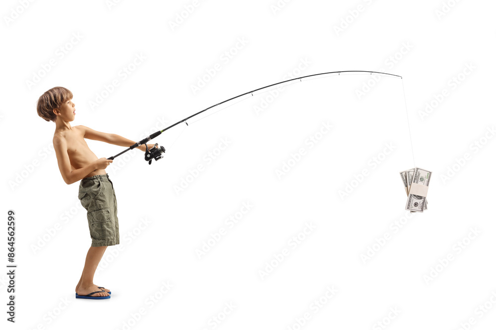 Obraz premium Boy catching money with a fishing rod