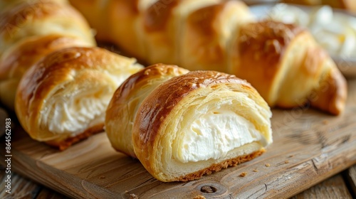 Soft dough rolls filled with cream cheese served on a wooden surface © Nicat