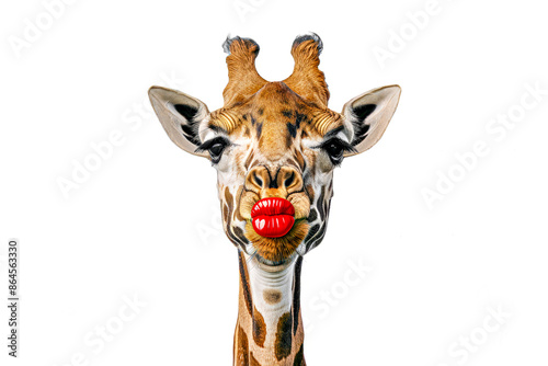 Giraffe with red lipstick puckering up for a kiss.