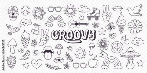 Vector Vintage Black and White Groovy Icons, Design Elements for Poster, Sticker Design. Retro Symbol in Hippie 70s Style, Mushroom, Flowers, Eye, Anti-War Peace Symbols. Vector Illustration