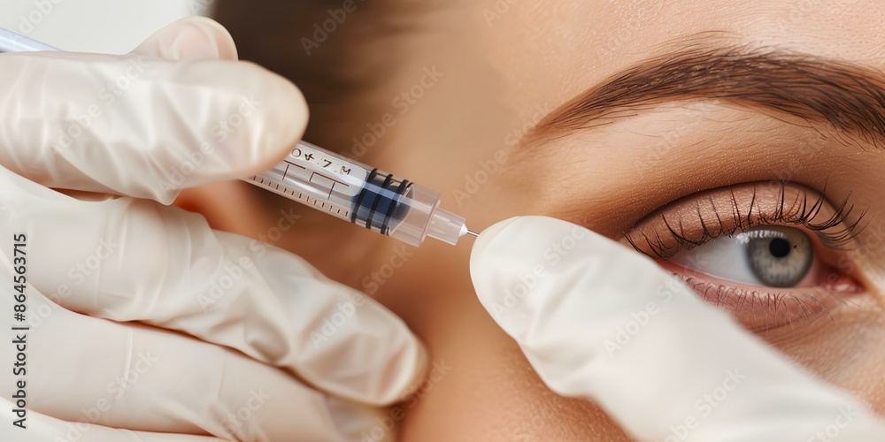 A woman is getting a shot in her eye. The woman is wearing gloves and the syringe is in her hand