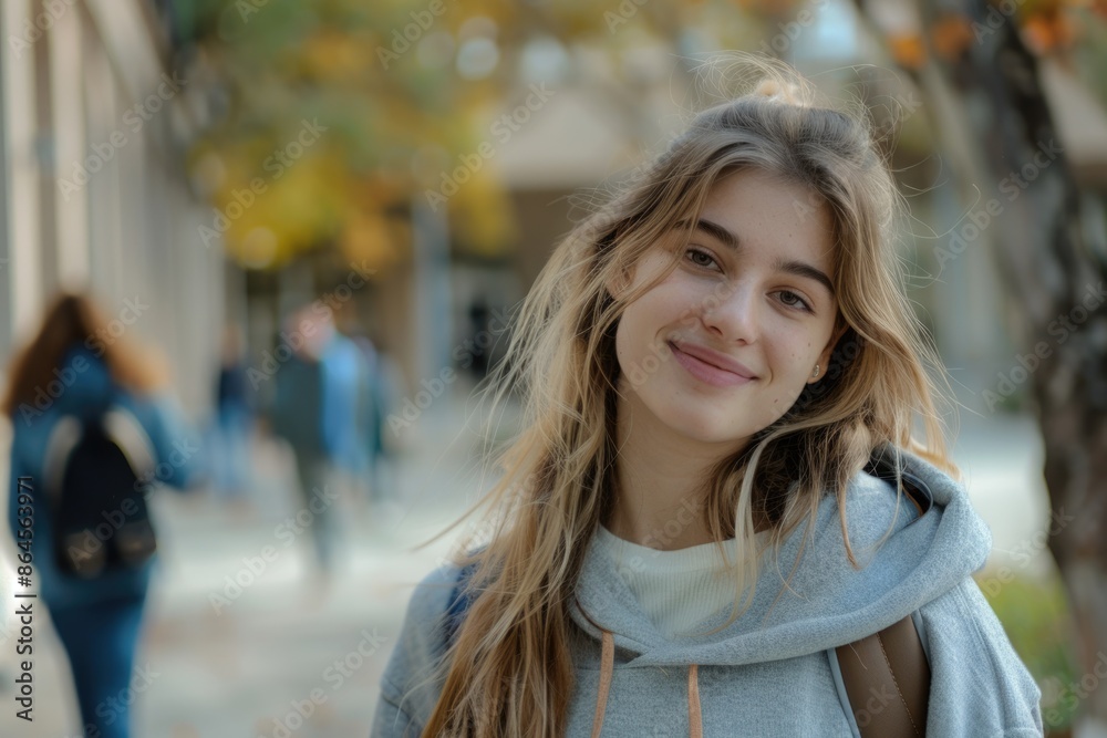 Nice female student smiling and looking at camera Nice female student smiling and looking at camera