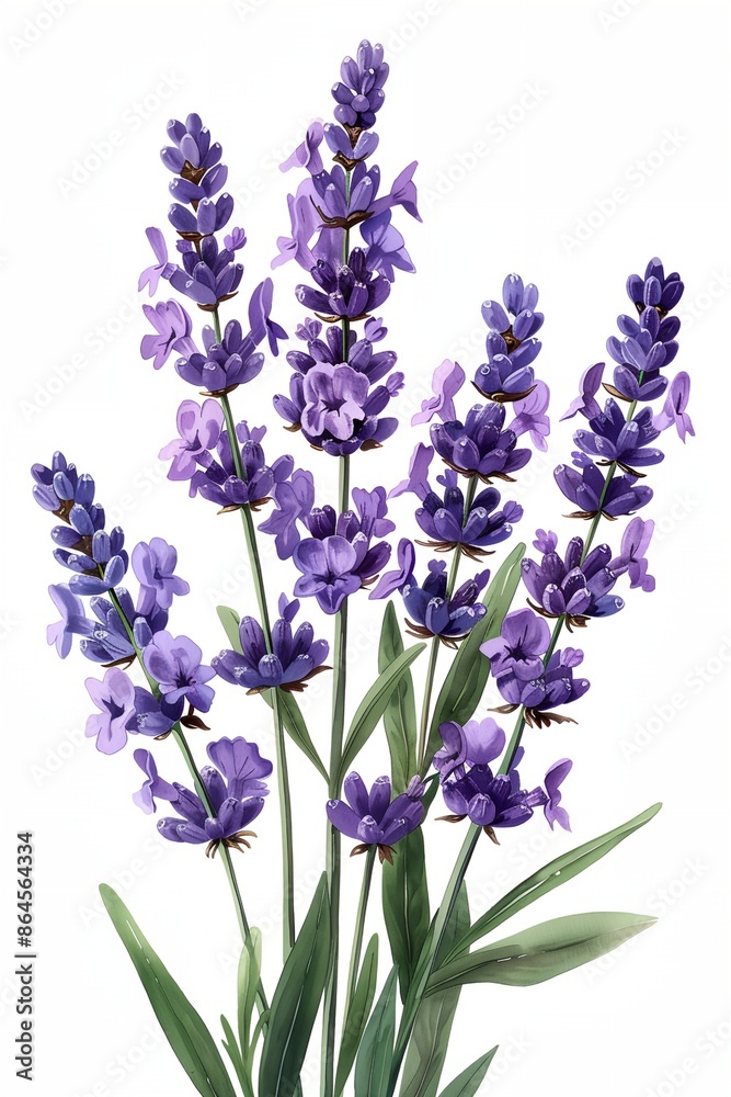 Fototapeta premium A bunch of purple lavender flowers are shown in a white background. The flowers are arranged in a way that they are all facing the same direction, creating a sense of harmony and balance