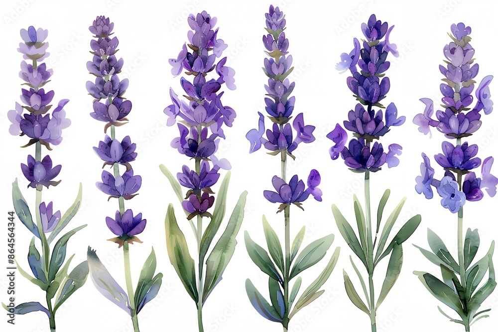 Fototapeta premium A series of purple flowers are shown in various stages of growth. The flowers are arranged in a row, with some taller than others, and they are all facing the same direction
