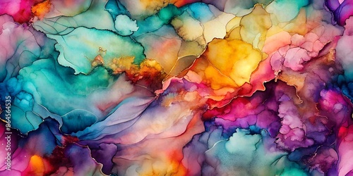 An abstract art piece featuring vibrant, flowing ink swirls in shades of teal, yellow, and purple