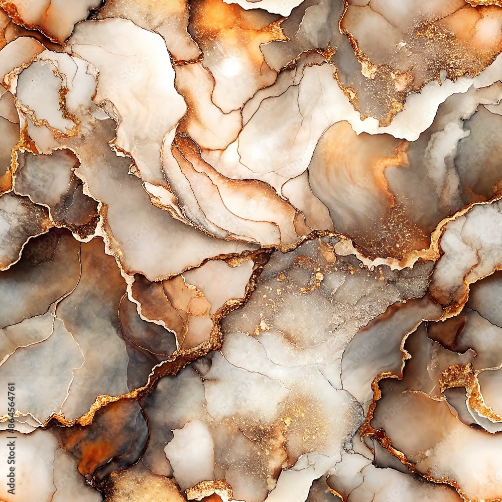 A close-up of swirling white and brown marble with golden veins and flecks A close-up of swirling white and brown marble with golden veins and flecks