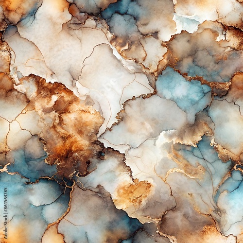 A close-up of an abstract watercolor painting depicting a swirling pattern of blue, brown, and white marble-like textures with golden veins