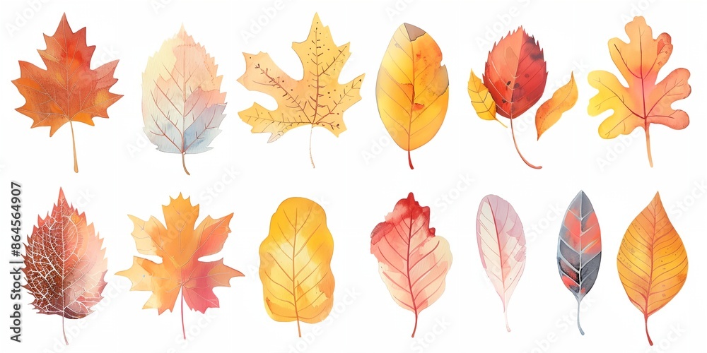 Obraz premium A set of watercolor leaves with a variety of shapes and sizes. The leaves are all different colors, including red, yellow, and brown. Concept of autumn and the beauty of nature during this season