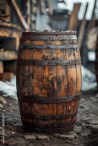 A barrel is sitting on the ground, with a few pieces of wood sticking out of it. The barrel is old and has a rustic appearance © inspiretta
