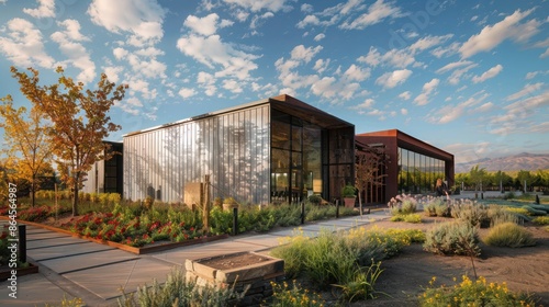 panoramic view of a modern vineyard with a visitor center clad in rustic aluminum siding © Aeman
