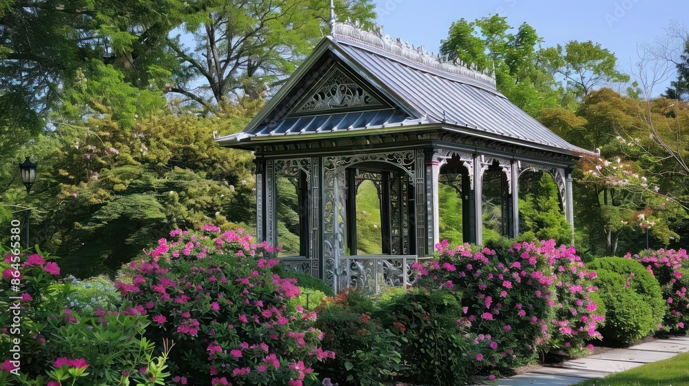 peaceful garden scene, with a gazebo covered in ornate aluminum siding amidst flowering bushes peaceful garden scene, with a gazebo covered in ornate aluminum siding amidst flowering bushes