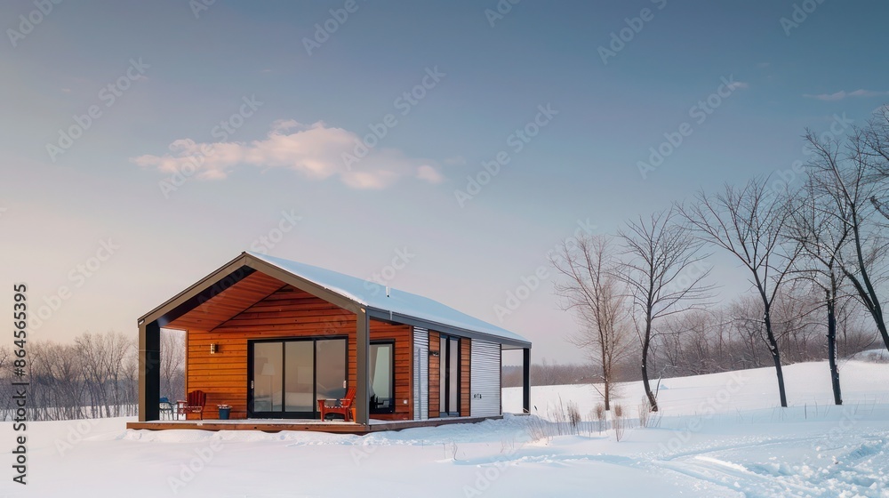 peaceful setting with a small wooden cabin upgraded with modern aluminum siding, in a snowy landscape