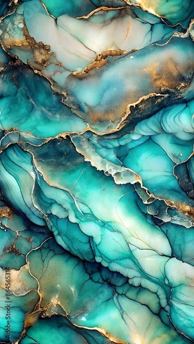 A close-up of a swirling, abstract marble texture in shades of teal, blue, white, and gold