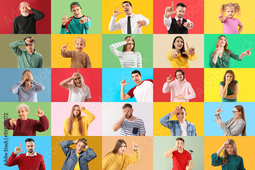 Collage of many people showing Loser gesture and feeling ashamed on color background © Pixel-Shot