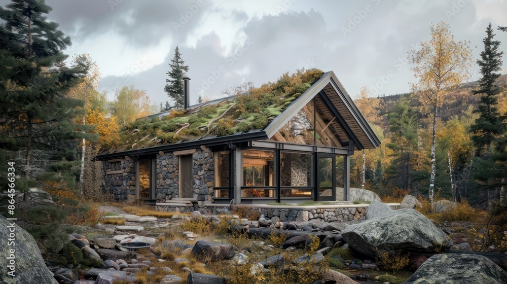 remote lodge in the wilderness with stone siding and a green roof, designed to minimize its impact on the natural surroundings while providing shelter remote lodge in the wilderness with stone siding and a green roof, designed to minimize its impact on the natural surroundings while providing shelter