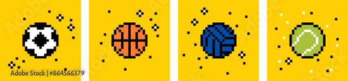 Play balls pixel art collection. Soccer football, basketball, volleyball, tennis ball icon set. Y2k trendy playful pixelated stickers. Mood of 90's aesthetics. 8-bit retro style vector illustration