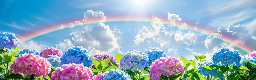 Vibrant Hydrangea Garden Under a Rainbow-filled Sky Vibrant Hydrangea Garden Under a Rainbow-filled Sky