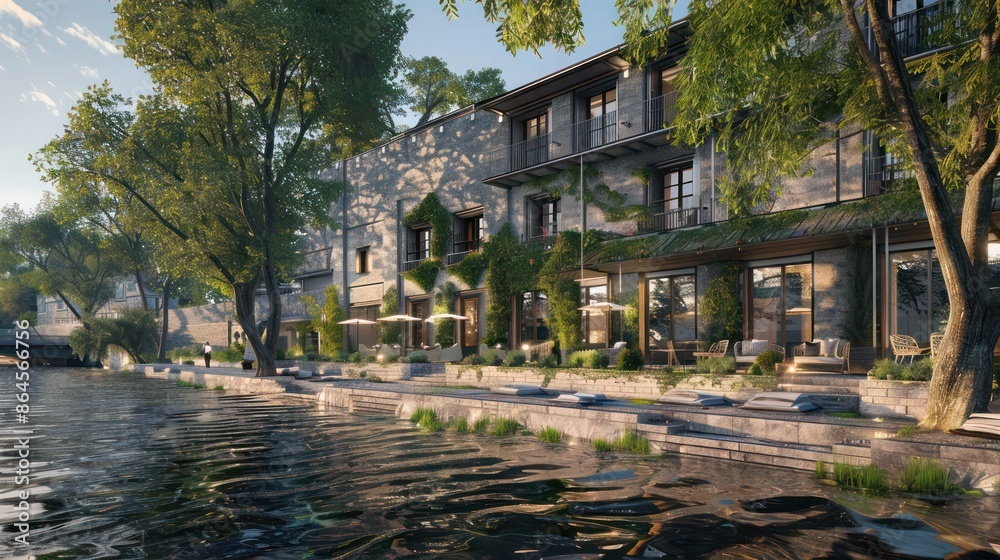 riverside boutique hotel with a facade of hand-chiseled stone, blending naturally with the riverbank and providing a serene escape for guests riverside boutique hotel with a facade of hand-chiseled stone, blending naturally with the riverbank and providing a serene escape for guests