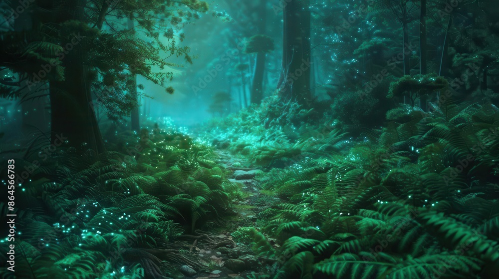 Fototapeta premium bioluminescent ferns and flowers illuminate a mystical forest path ethereal neon green light guides nocturnal creatures and lost travelers through the enchanted darkness