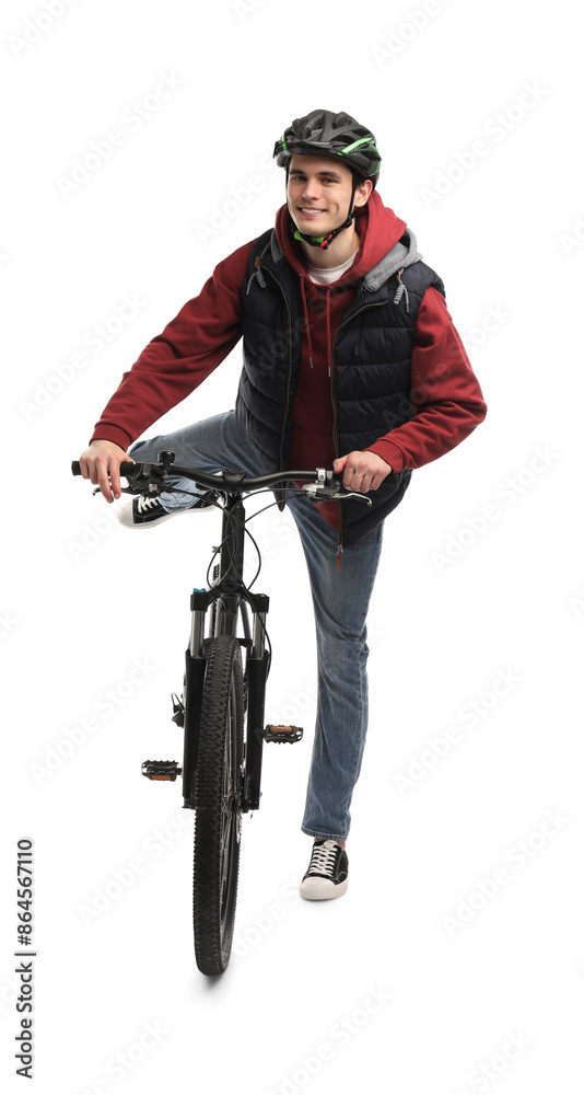 Smiling man in helmet riding bicycle on white background Smiling man in helmet riding bicycle on white background