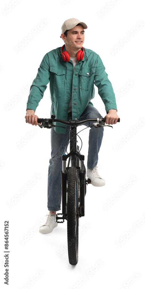 Smiling man with headphones riding bicycle on white background Smiling man with headphones riding bicycle on white background