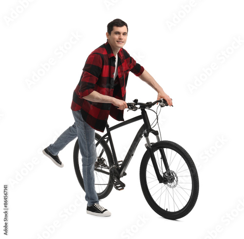 Smiling man with bicycle isolated on white © New Africa