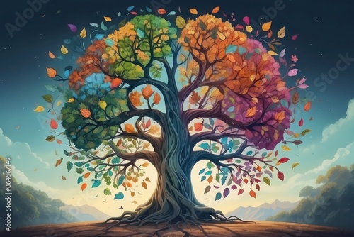 Concept of a human brain tree with mental health, colorful falling leaves symbolizing a different emotion of mental state.  photo