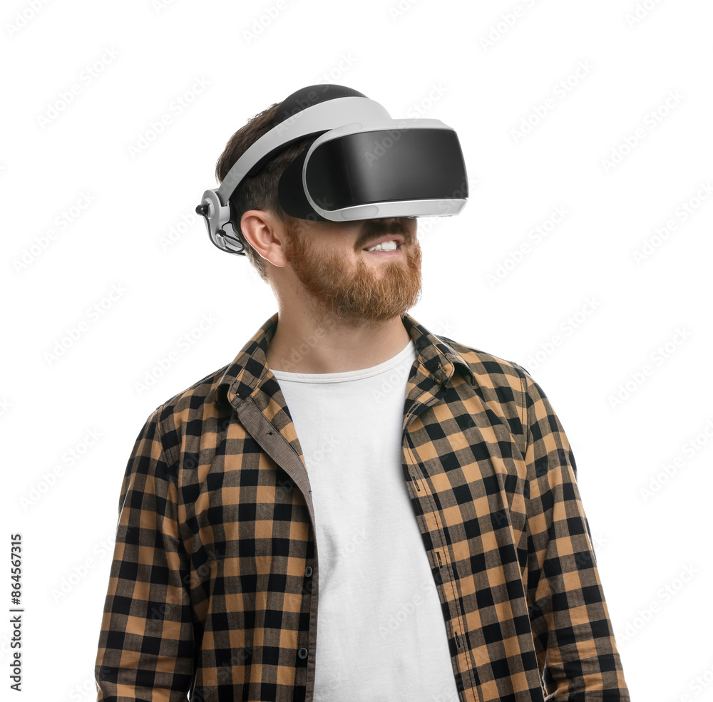 Smiling man using virtual reality headset on white background Smiling man using virtual reality headset on white background