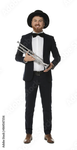 Smiling musician with trumpet on white background