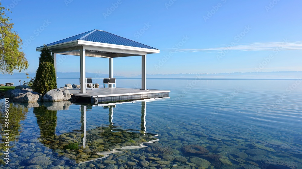 Fototapeta premium serene lakeside gazebo with aluminum siding, reflecting the clear blue water, showcasing its rust-resistant qualities and serene aesthetic