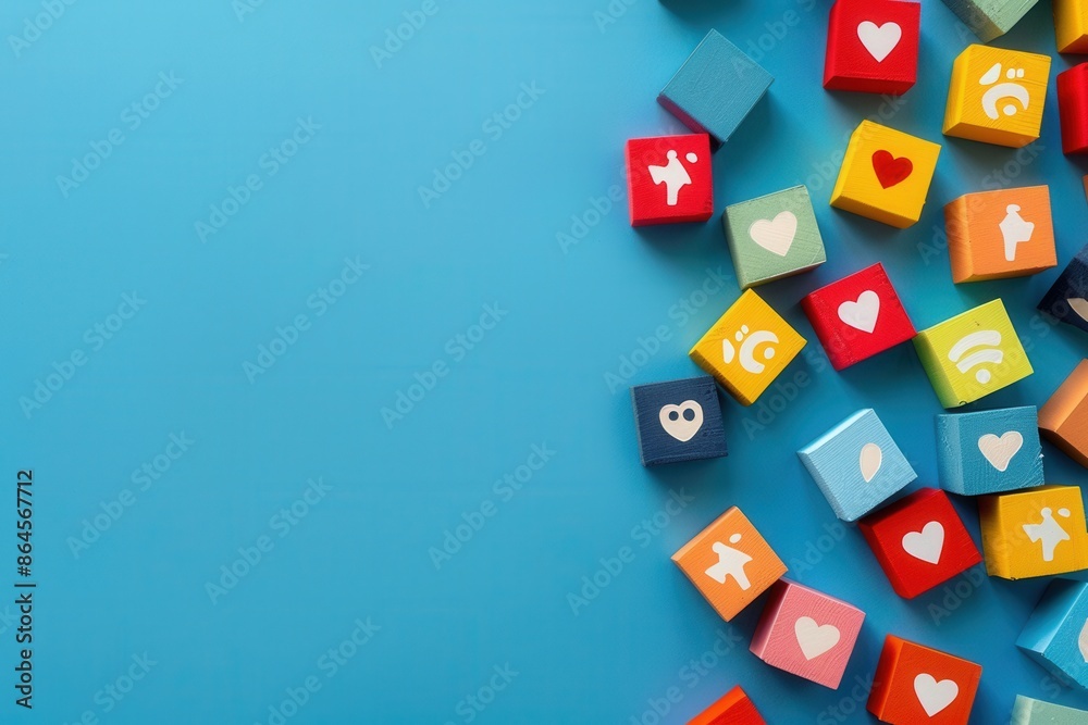 Colorful wooden blocks with social media icons scattered on a blue background, ideal for representing current social media trends. Generative AI Colorful wooden blocks with social media icons scattered on a blue background, ideal for representing current social media trends. Generative AI