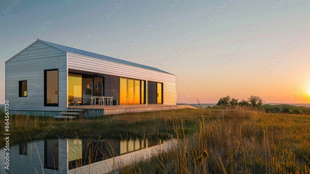 serene landscape with a modern house clad in sleek aluminum siding reflecting the sunset serene landscape with a modern house clad in sleek aluminum siding reflecting the sunset