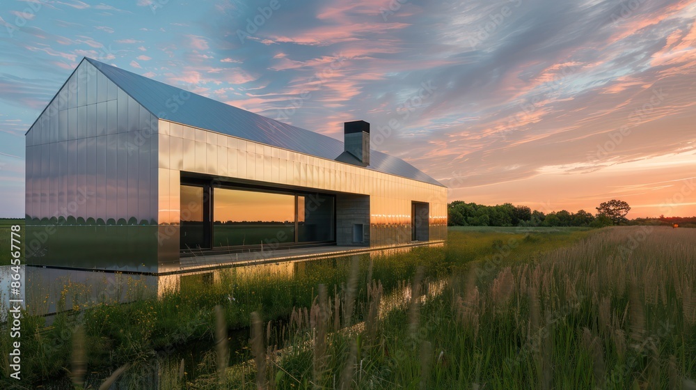 Fototapeta premium serene landscape with a modern house clad in sleek aluminum siding reflecting the sunset