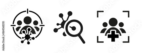 Risk or infected group, virus research and healthy people icon set isolated on white background
