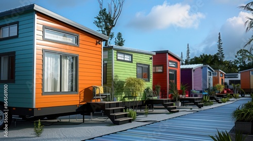 series of tiny homes in a community, each featuring colorful aluminum siding, focusing on sustainable living and modern aesthetics photo