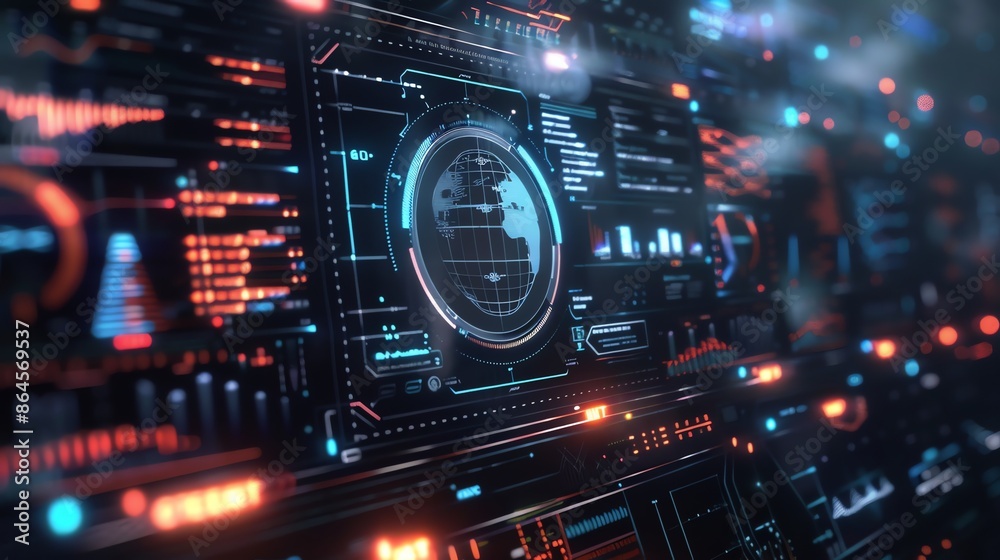 Futuristic Technology Abstract. Glowing Digital Interface with Charts, Graphs, and World Map Futuristic Technology Abstract. Glowing Digital Interface with Charts, Graphs, and World Map