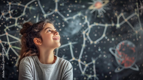 A young astronomer beams with pride, presenting her latest star map research on a blackboard.