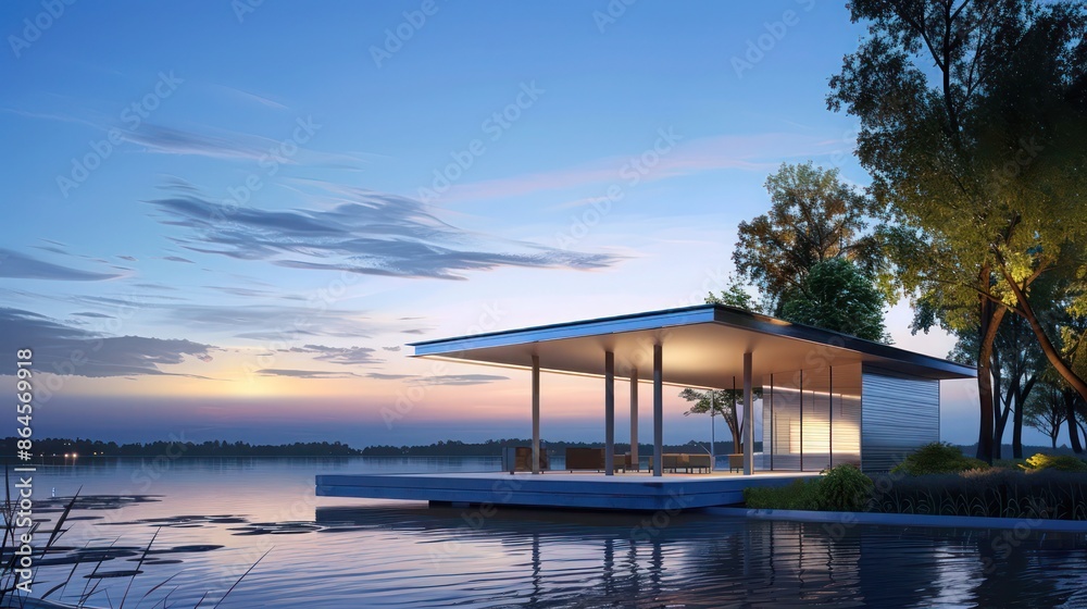 simple yet elegant depiction of a lakeside pavilion with a roof of polished aluminum siding, under a twilight sky simple yet elegant depiction of a lakeside pavilion with a roof of polished aluminum siding, under a twilight sky