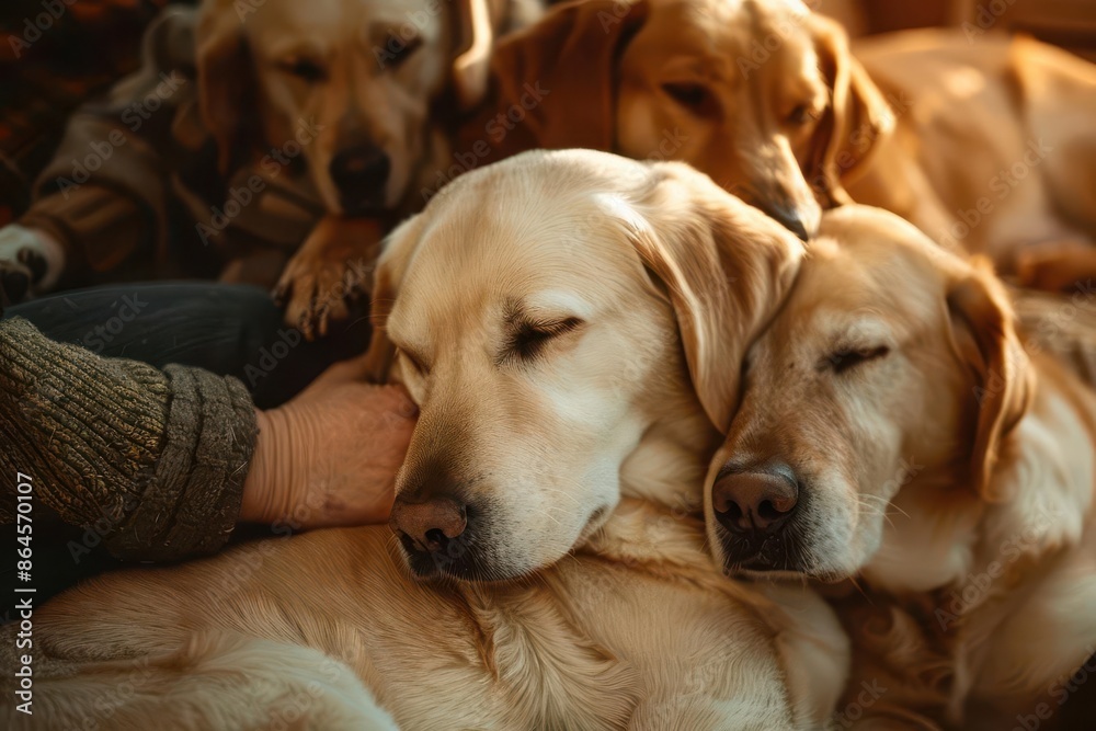 cozy scene of labrador family nestled together with a gentle hand lovingly petting one dog captured with a wideangle lens in soft warm lighting cozy scene of labrador family nestled together with a gentle hand lovingly petting one dog captured with a wideangle lens in soft warm lighting