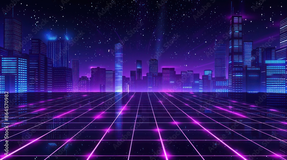 Futuristic neon city skyline with starry space background Futuristic neon city skyline with starry space background