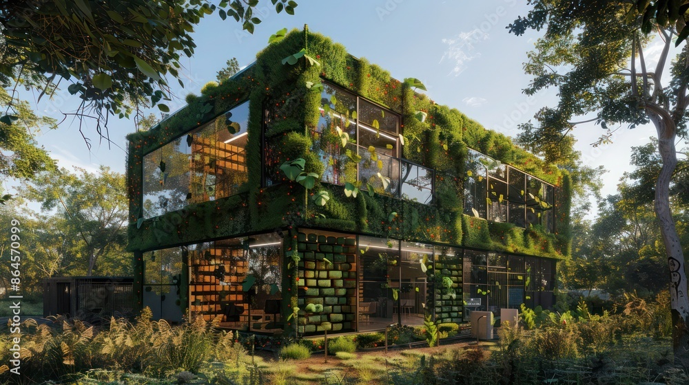 sustainable office building with a facade of bio-bricks grown from bacteria, showcasing the potential of living materials in architecture sustainable office building with a facade of bio-bricks grown from bacteria, showcasing the potential of living materials in architecture
