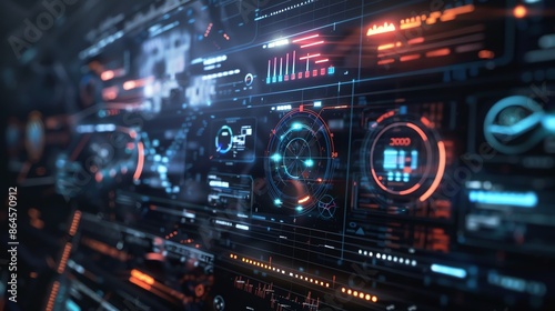 Futuristic Technology Abstract Background with HUD interface, digital data analysis, charts, graphs and grid. Concept of big data, cybersecurity, artificial intelligence and machine learning