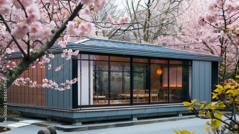 tranquil scene of a traditional Japanese tea house updated with sleek aluminum siding, amidst cherry blossoms tranquil scene of a traditional Japanese tea house updated with sleek aluminum siding, amidst cherry blossoms