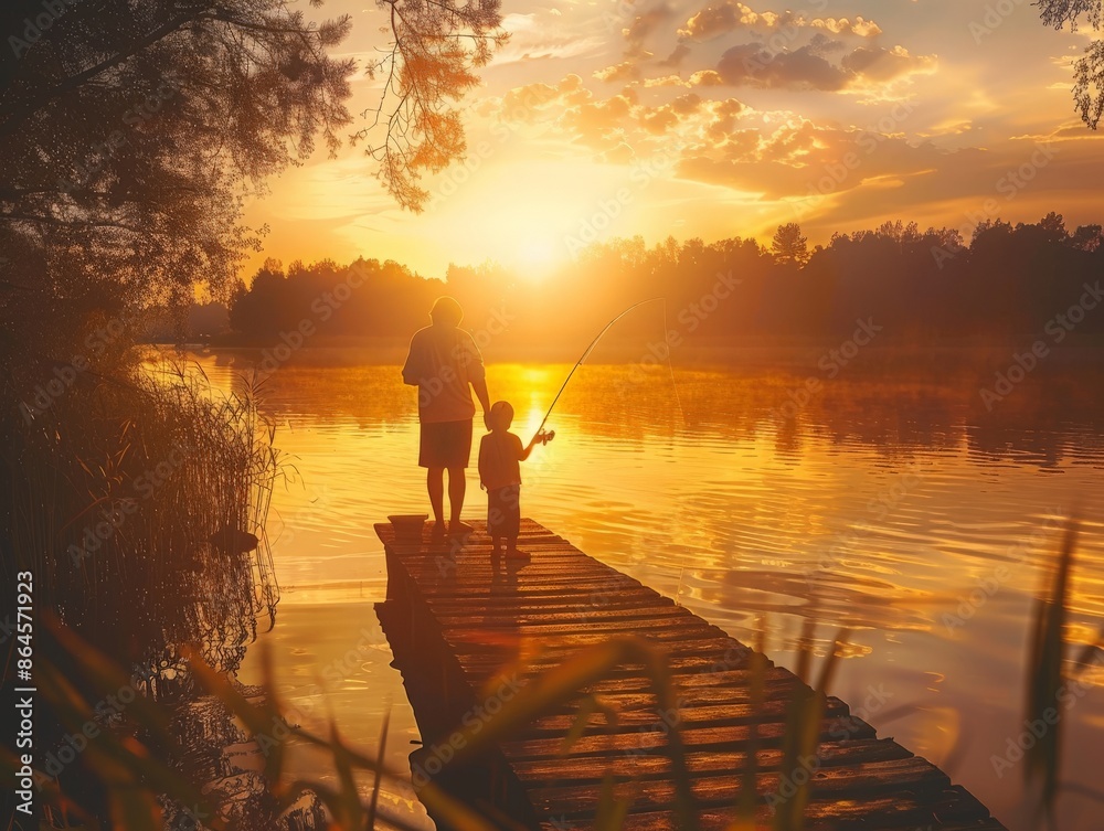 Child learning to fish with a parent, standing together on a wooden dock, with the sun setting in the background and creating a warm, golden light over the scene Child learning to fish with a parent, standing together on a wooden dock, with the sun setting in the background and creating a warm, golden light over the scene