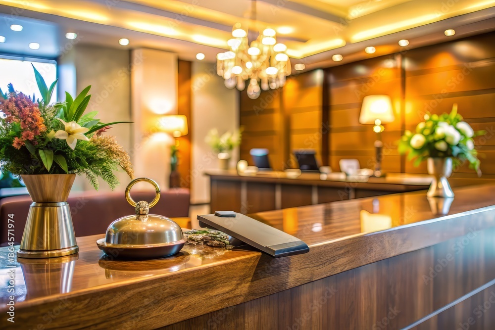 Friendly hotel reception desk with key card and accessories on counter, warm lighting, and blurred background, evoking a sense of hospitality and welcoming atmosphere. Friendly hotel reception desk with key card and accessories on counter, warm lighting, and blurred background, evoking a sense of hospitality and welcoming atmosphere.