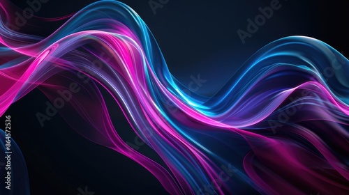 Color wave on black background, pink blue neon colors flow, wide abstract art banner, copy space