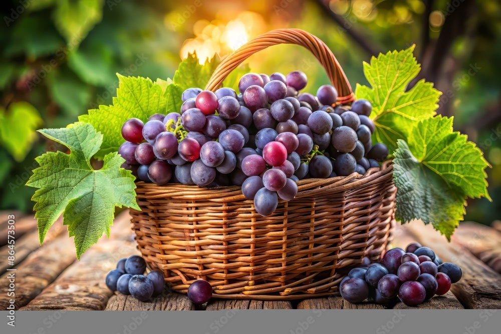 Ripe purple grapes overflow from a wicker basket, surrounded by lush green leaves and vines, against a warm, natural wood background, evoking a sense of abundance. Ripe purple grapes overflow from a wicker basket, surrounded by lush green leaves and vines, against a warm, natural wood background, evoking a sense of abundance.